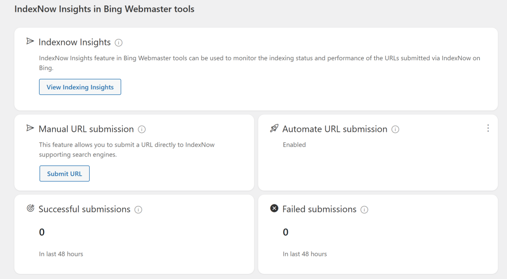 Bing Webmaster Tools 中 IndexNow Insights 面板的截图。面板显示四个信息模块，分别说明此功能用于监控URL索引状态、提供手动提交入口、显示自动提交已启用，以及统计显示近48小时内成功与失败的提交数均为零。