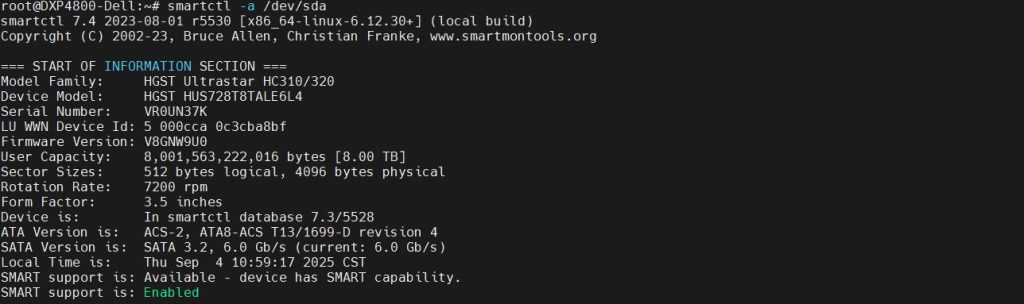 执行smartctl -a /dev/sda命令,查看硬盘所有smart信息