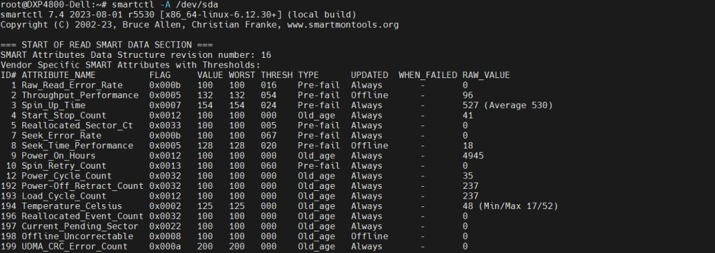 执行smartctl -A /dev/sda命令,查看硬盘的底层smart信息