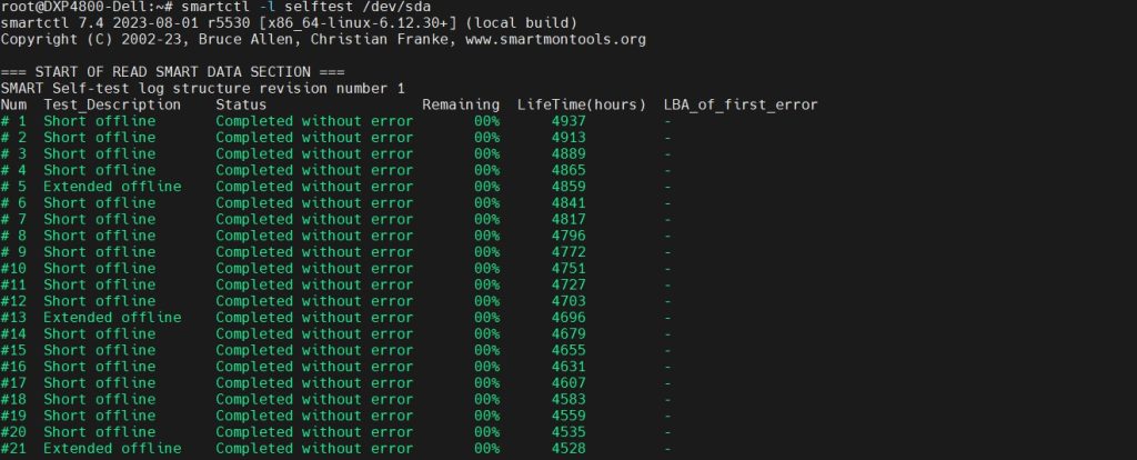 执行smartctl -l selftest /dev/sda命令,检查硬盘的日志