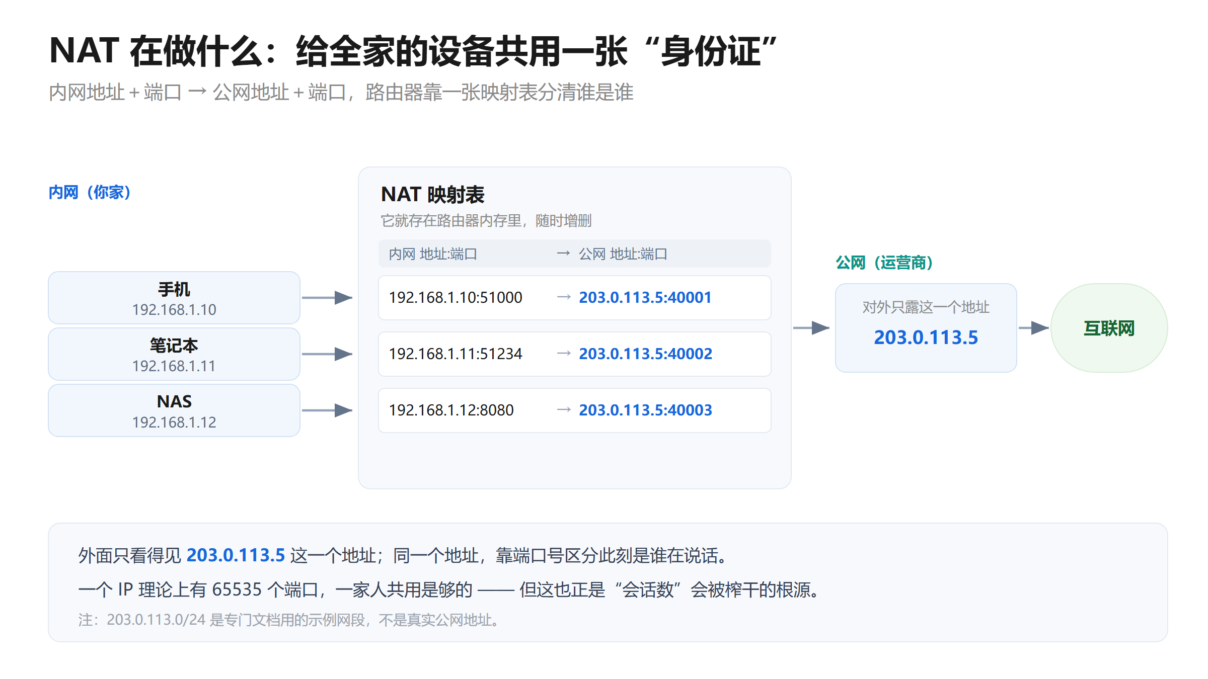 NAT 转换示意图:手机、笔记本、NAS 三台内网设备通过路由器的 NAT 映射表,共用同一个公网 IP 203.0.113.5 的不同端口访问互联网