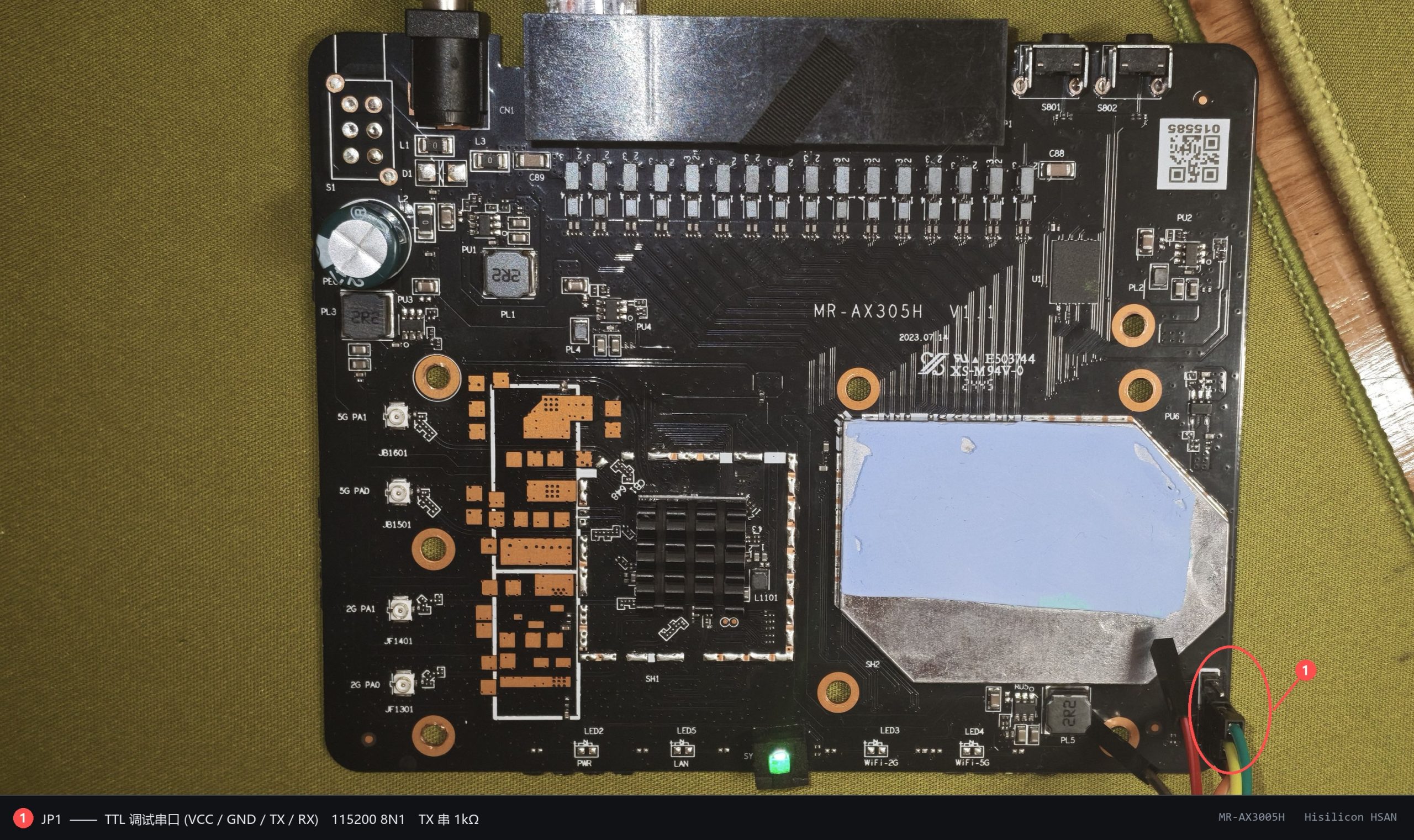 T36 Max 主板全貌,右下角用红圈标出 JP1 四孔 UART 调试串口位置