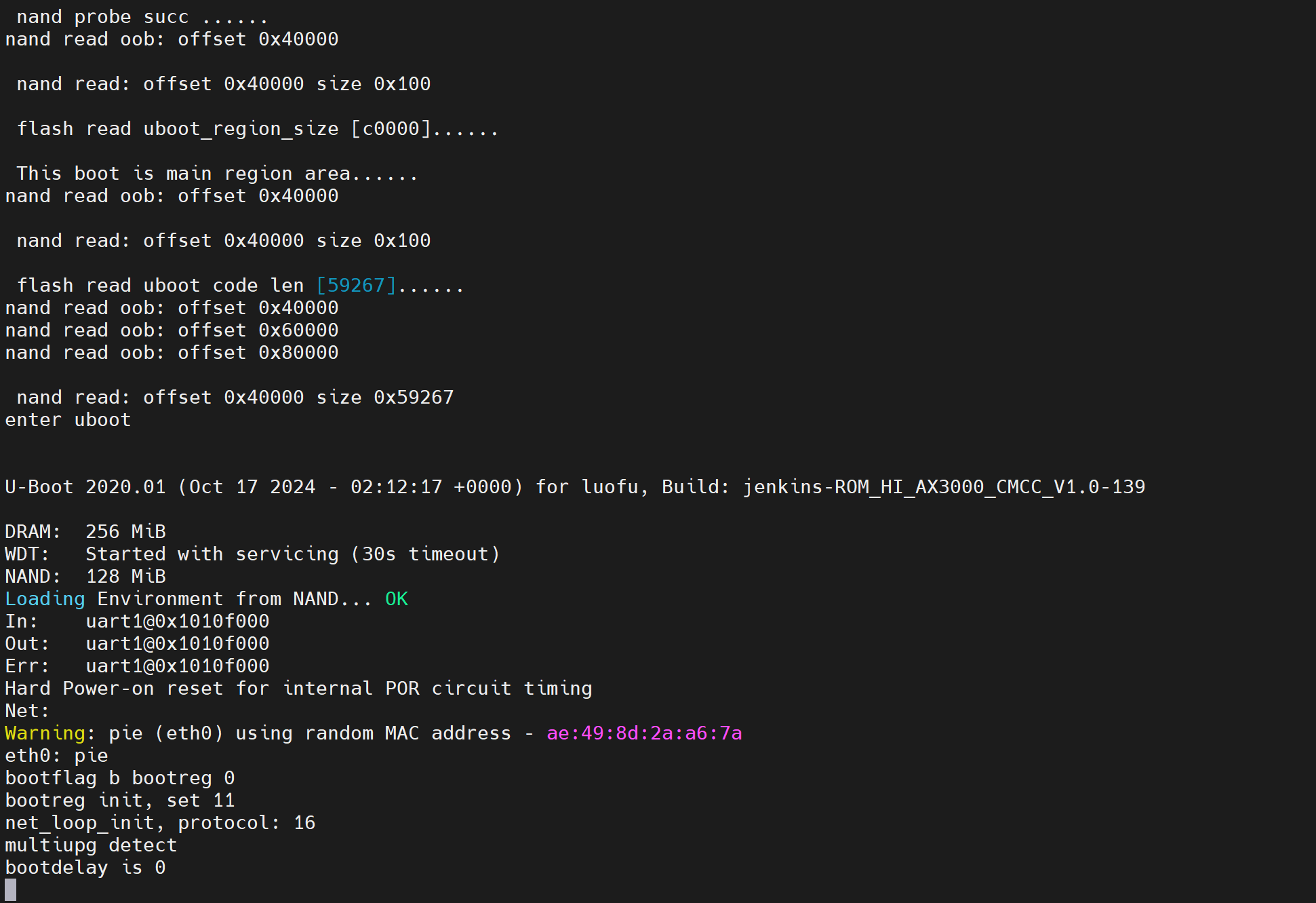 T36 Max 串口终端里的 U-Boot 启动输出实拍,含 59267 字节引导代码、256MiB 内存与随机 MAC 提示