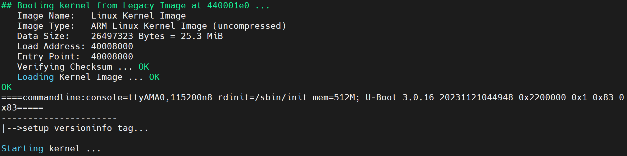 串口日志:内核命令行 console=ttyAMA0,115200n8 rdinit=/sbin/init mem=512M