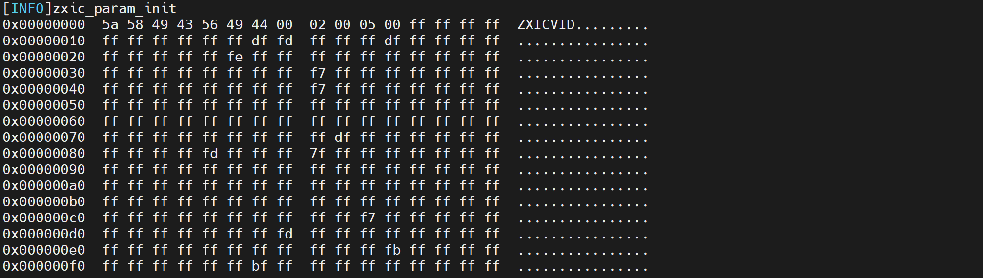 串口日志:zxic_param_init,ZXICVID 参数区十六进制 dump